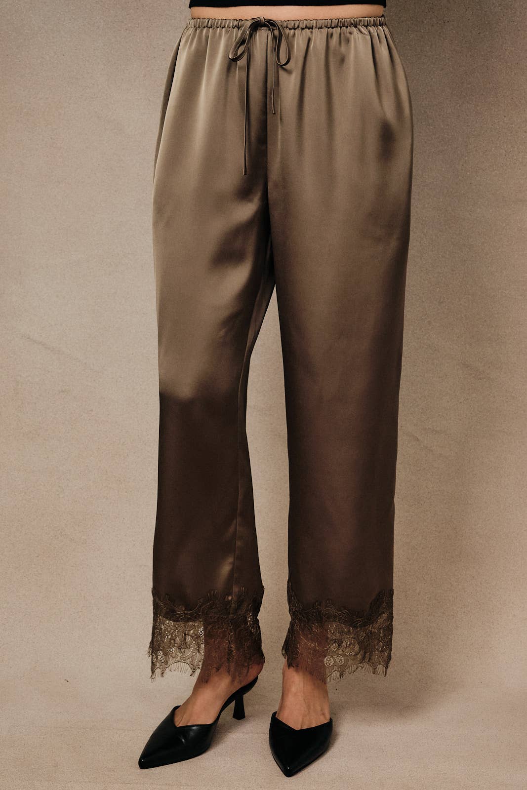 High Waist Satin Drawstring Lace Applique Hem Wide Pants