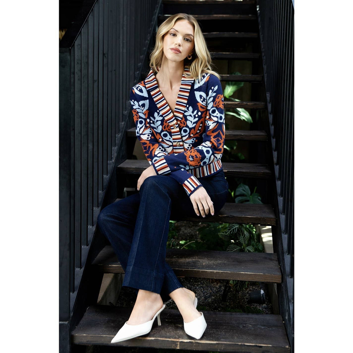 Floral V-Neck Cardigan With Gold Buttons
