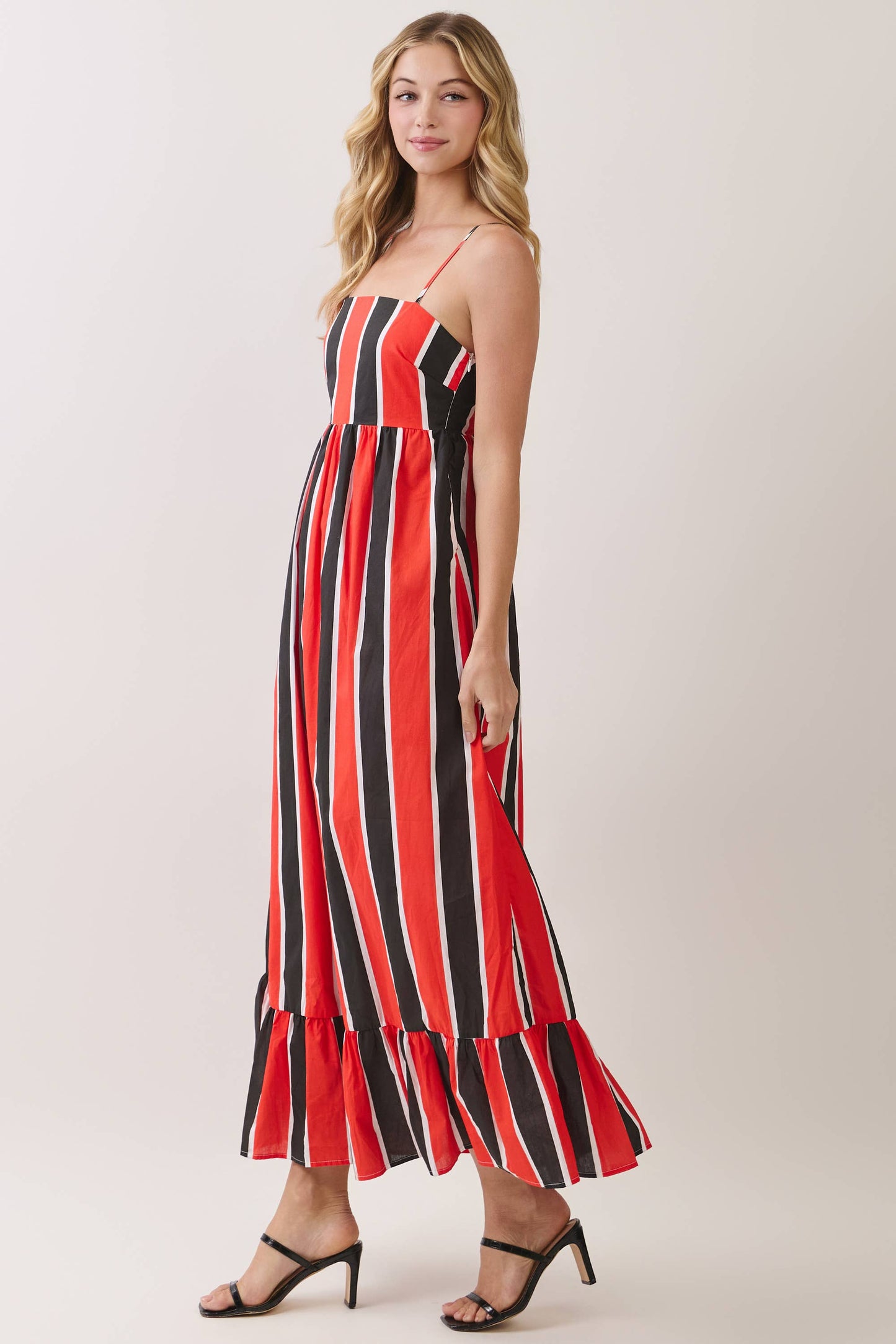 Striped Back Smocked Detail Side Pocket Maxi Dress