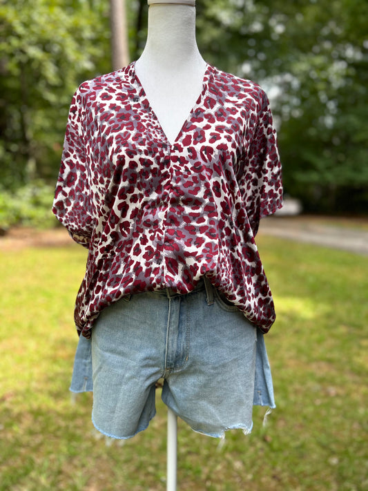 Maroon + white + grey Leopard print top