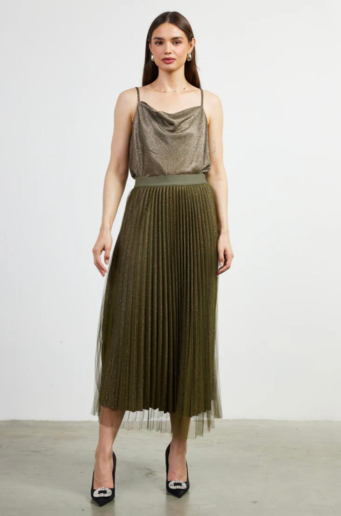 elastic waist green pleated dressy skirt