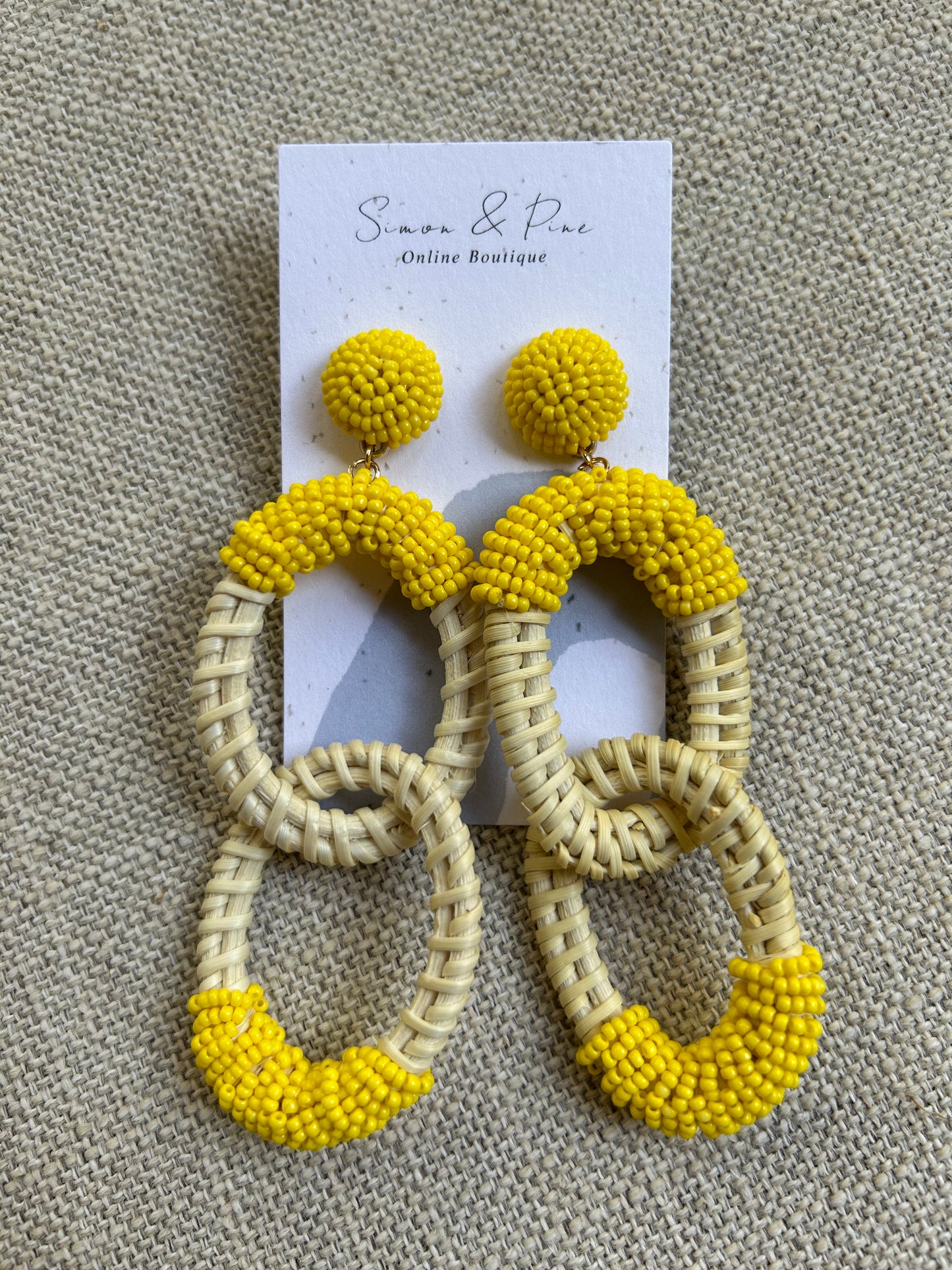 Yellow beads + rattan link earrings